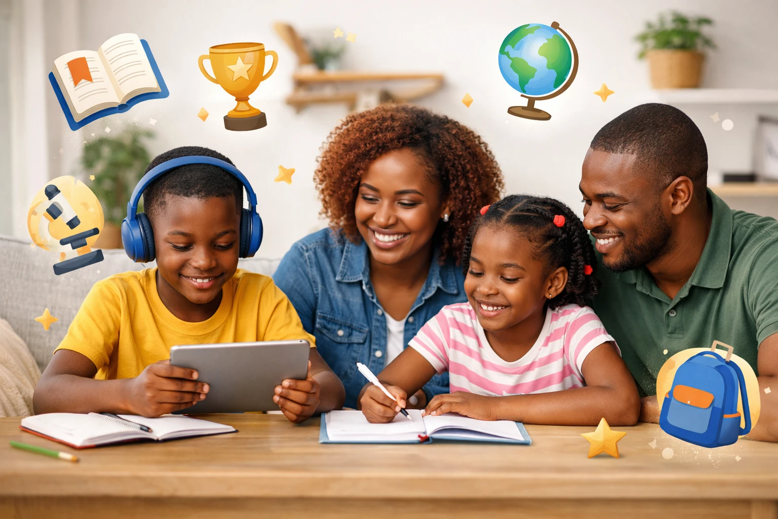 Illustration : élèves heureux et apprentissage